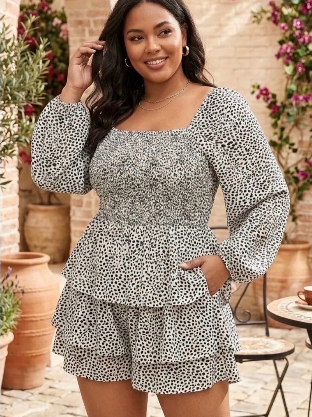 Smocked Square Neck Ruffle Romper in Black & White Dot